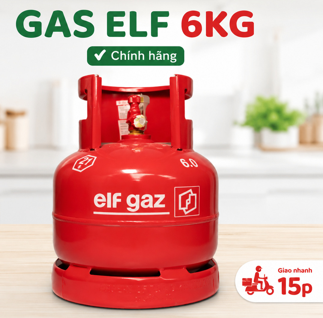 Bình Gas Elf 6kg chính hãng tại Gas Bình Minh, phù hợp cho phòng trọ, căn hộ nhỏ và bếp gia đình, hỗ trợ giao nhanh 15 phút tại TP.HCM.
