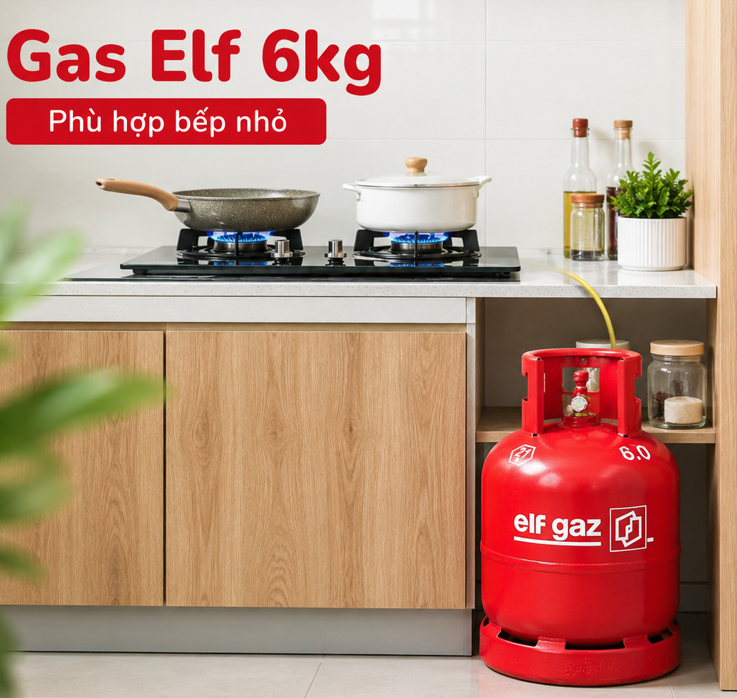 Gas Elf 6kg là lựa chọn nhỏ gọn cho bếp nhỏ, phòng trọ và căn hộ ít người, giúp tiết kiệm diện tích và sử dụng tiện lợi hằng ngày.